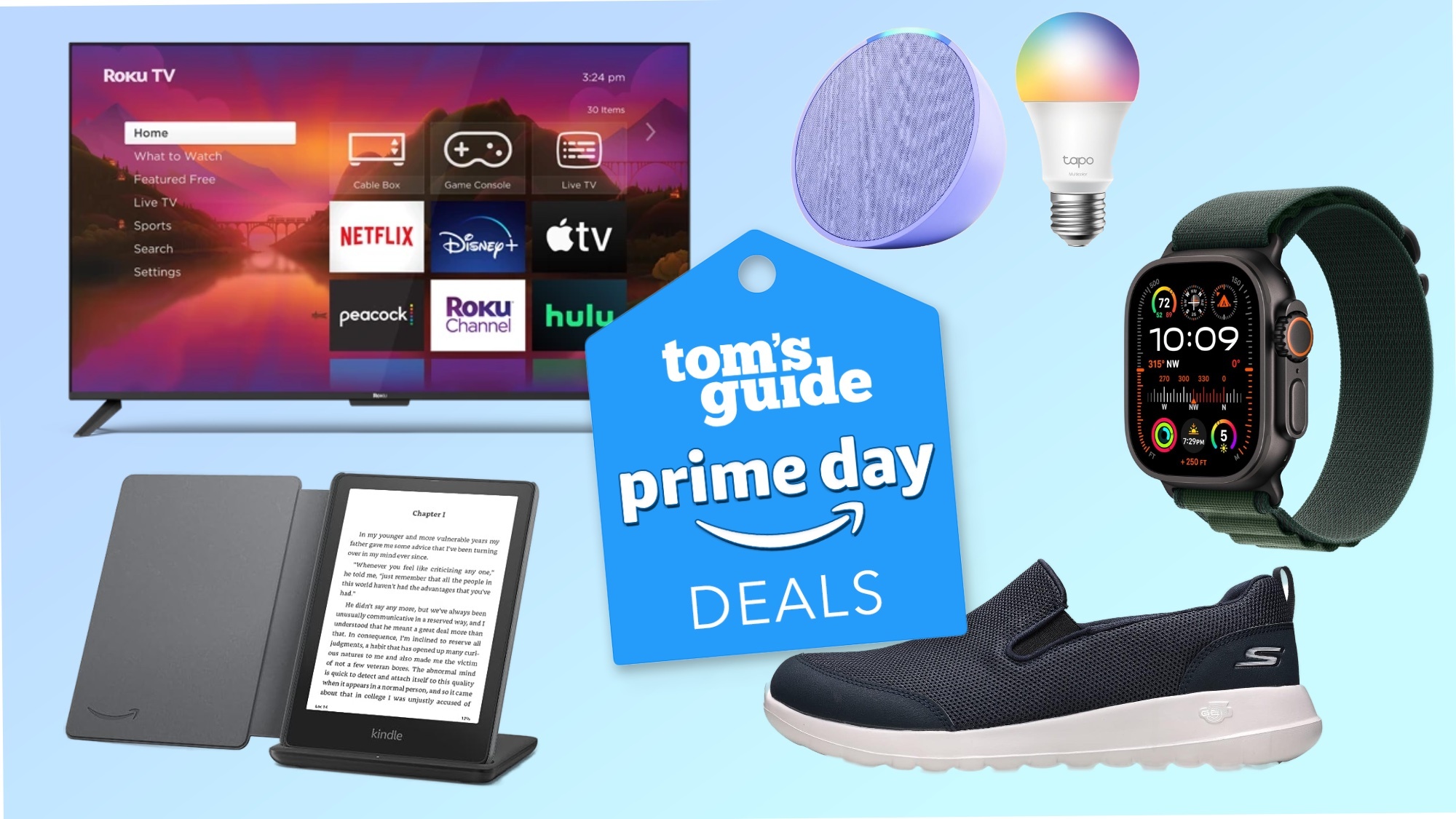 Roku TV, Kindle, Echo Pop, Apple Watch, and sneakers