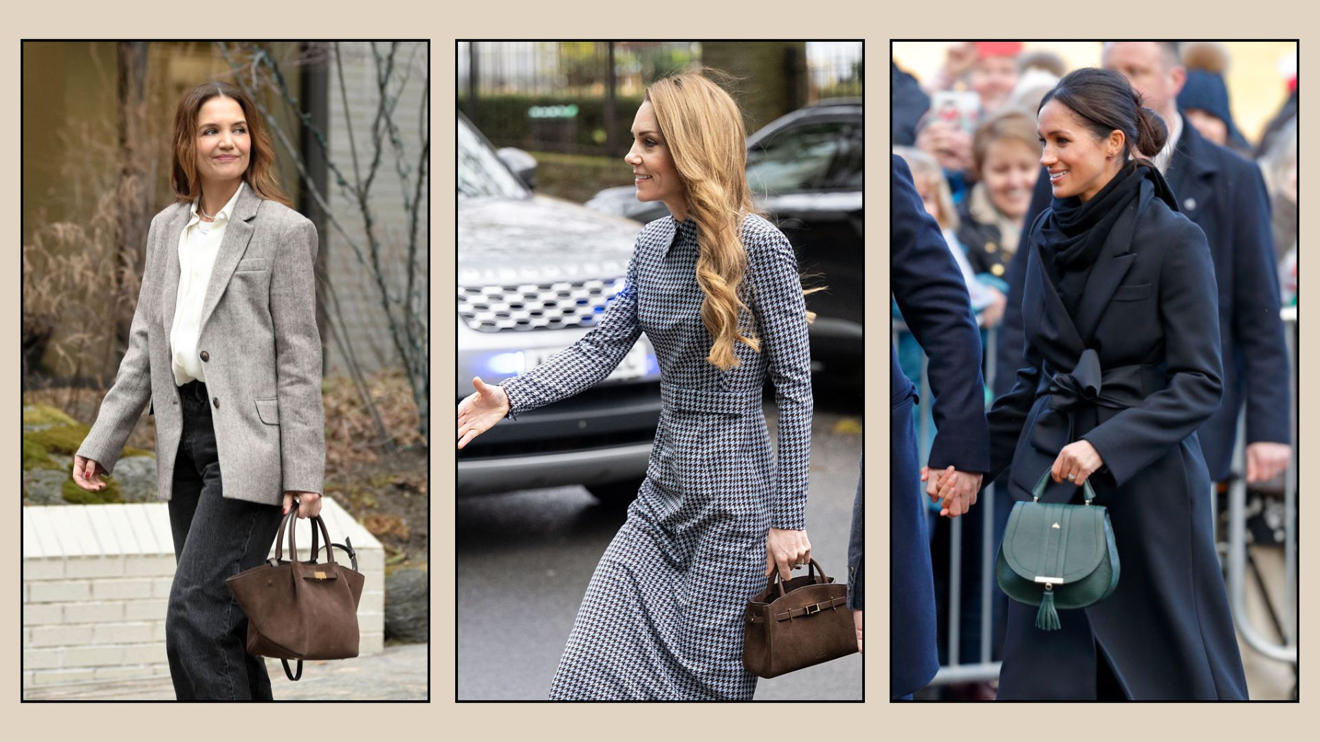 Katie Holmes wears grey blazer, white shirt, black jeans, carries brown suede New York tote; Kate Middleton, Princess of Wales, wears navy houndstooth dress, carries Mini Hudson bag; Meghan Markle wears black coat, carries green Vienna bag