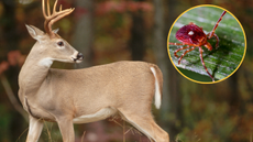 White tailed deer photographed in the wild (left) alongside a lone-star tick in a circle superimposed on the image (right)