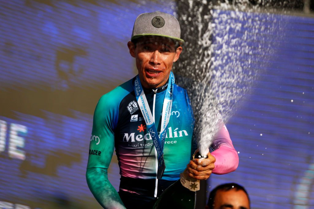 ALTO COLORADO ARGENTINA JANUARY 27 Miguel Angel Lopez of Colombia and Team Medellin EPM celebrates at podium as stage winner during the 39th Vuelta a San Juan International 2023 Stage 5 a 1733km stage from Chimbas to Alto Colorado 2623m VueltaSJ2023 on January 27 2023 in Alto Colorado Argentina Photo by Maximiliano BlancoGetty Images