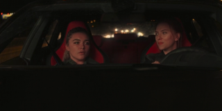 Florence Pugh and Scarlett Johansson in a car talking about pockets