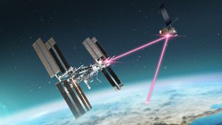 An illustration of the ISS transmitting information to the system via laser beam, and the system transmitting that information down to Earth via another laser beam.