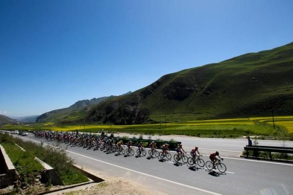 The peloton riding under blue skies today.