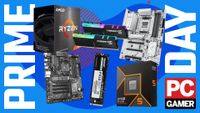 A collage of PC components against a stylized blue background, with Prime Day and a PC Gamer logo on the sides