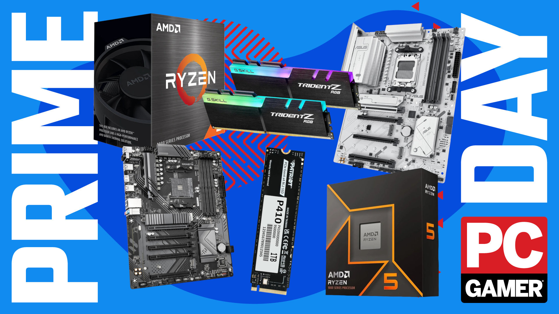 A collage of PC components against a stylized blue background, with Prime Day and a PC Gamer logo on the sides