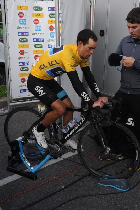 Paris-Nice leader Richie Porte (Sky) cools down on a trainer after the finish of stage 6.