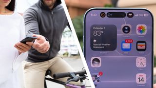 A split image. On the left, and man on a bike is grabbing a phone from a woman's hand. On the right, a photo of iOS 17 on an iPhone 18 Pro.