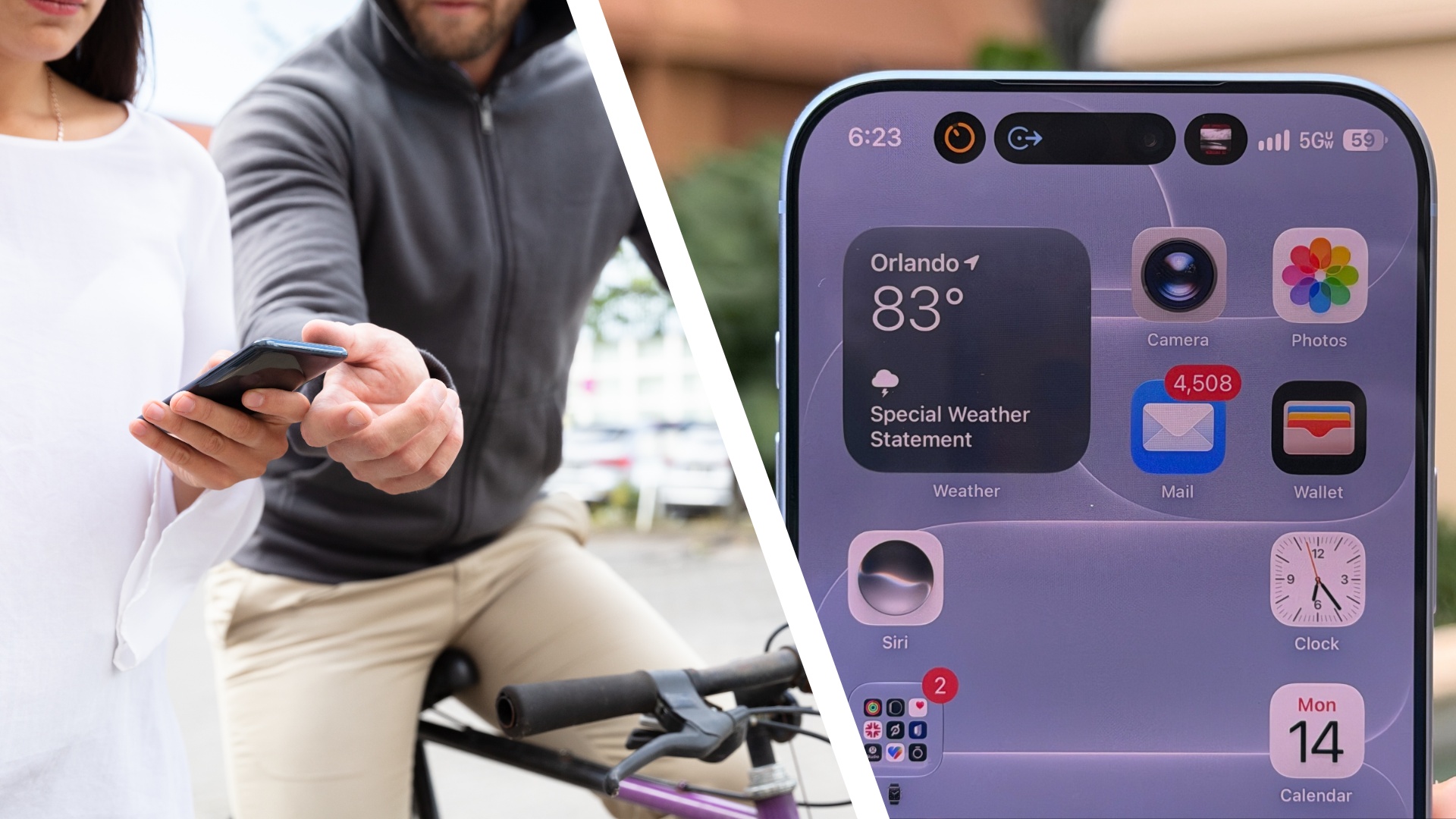 A split image. On the left, and man on a bike is grabbing a phone from a woman's hand. On the right, a photo of iOS 17 on an iPhone 18 Pro.