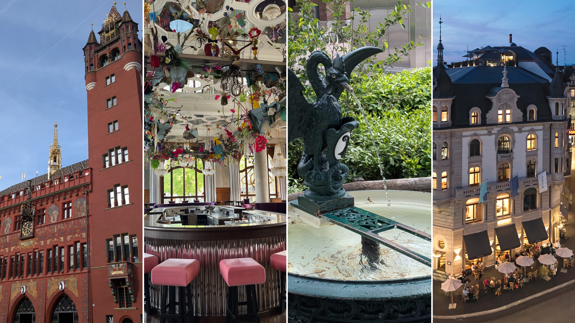 A compilation of images of Basel, including Rathaus Basel, the town hall made from red bricks, the interior of Banks, a bar with pink velvet topped stools, a phoenix fountain spurting water