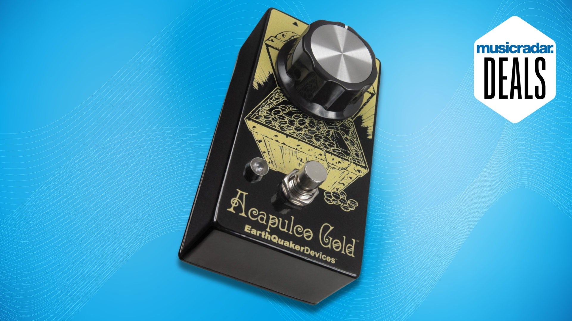 An Earthquaker Devices Acapulco Gold distortion pedal on a blue background