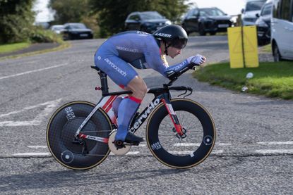 Richard Bussell, kitted out with body fairings, riding to silver in the 2023 National 10-mile time trial championship