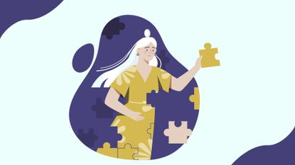 Illustation of a woman putting together puzzle pieces, used to illustrate a piece on how to organize your life