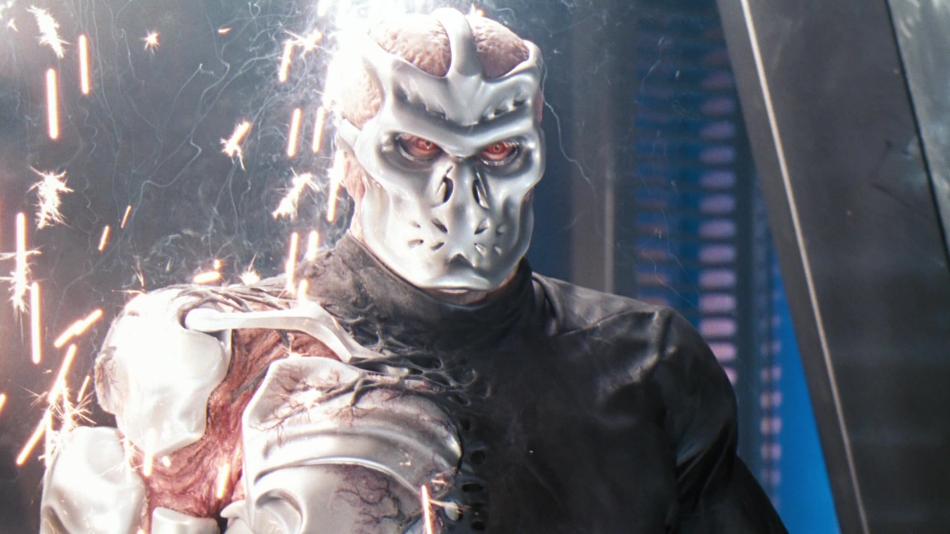 Screenshot from the 2001 space horror movie "Jason X" showing Kane Hodder as Cyborg Jason Voorhees.