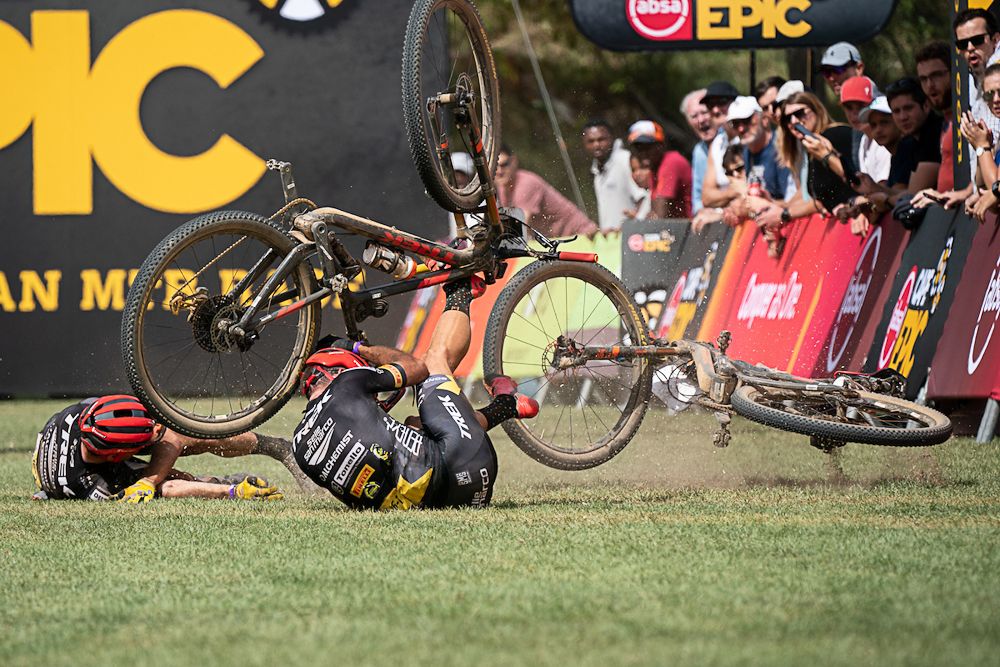 Michele CASAGRANDE (ITA) and Fabian RABENSTEINER (ITA) of team Trek-Selle San Marco 2 crash at the finish line during stage 5 of the 2019 Absa Cape Epic