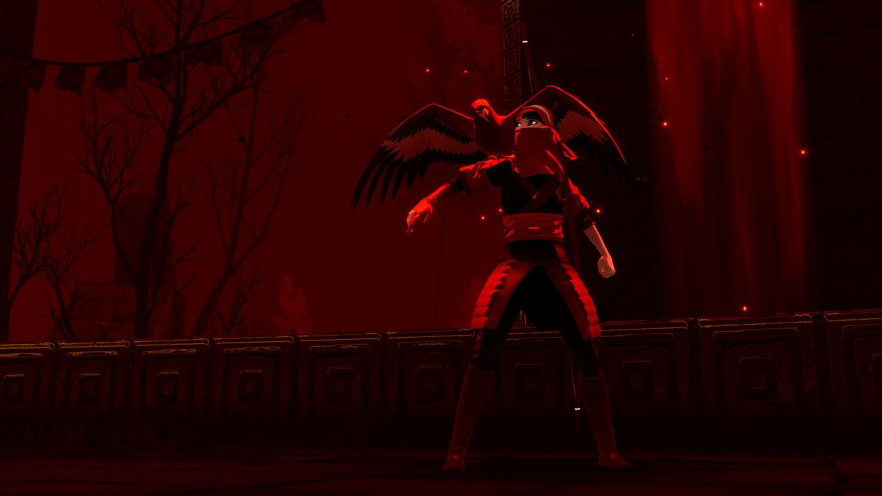A red closeup of a girl and a bird