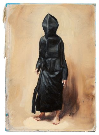 The painting of a figure dressed in black robes and a black hood drawn over its head so that we can't see its face. The figure is standing still.