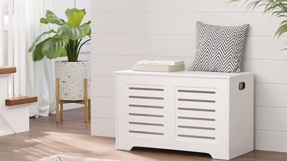 DINZI LVJ Storage Chest in white inside bright white entryway with plant beside it, wooden floor and rug, plus two books and a cushion on top