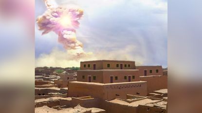 Artist's evidence-based depiction of the blast, which had the power of 1,000 Hiroshimas.