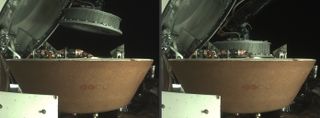 The left image shows OSIRIS-REx’s collector head hovering over the Sample Return Capsule (SRC) after the probe’s robotic arm moved it into the proper position for capture. The right image shows the collector head secured onto the capture ring in the SRC. Both images were captured by OSIRIS-REx’s StowCam camera.