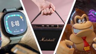 Donkey Kong next to a Marshall speaker and Fitbit