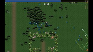 En skärmdump från spelet Vampire Survivors där spelkaraktären slåss mot ett gäng fladdermöss.