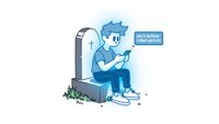 Illustration depicting the digital afterlife industry showing a ghost sitting on a headstone and texting from the afterlife