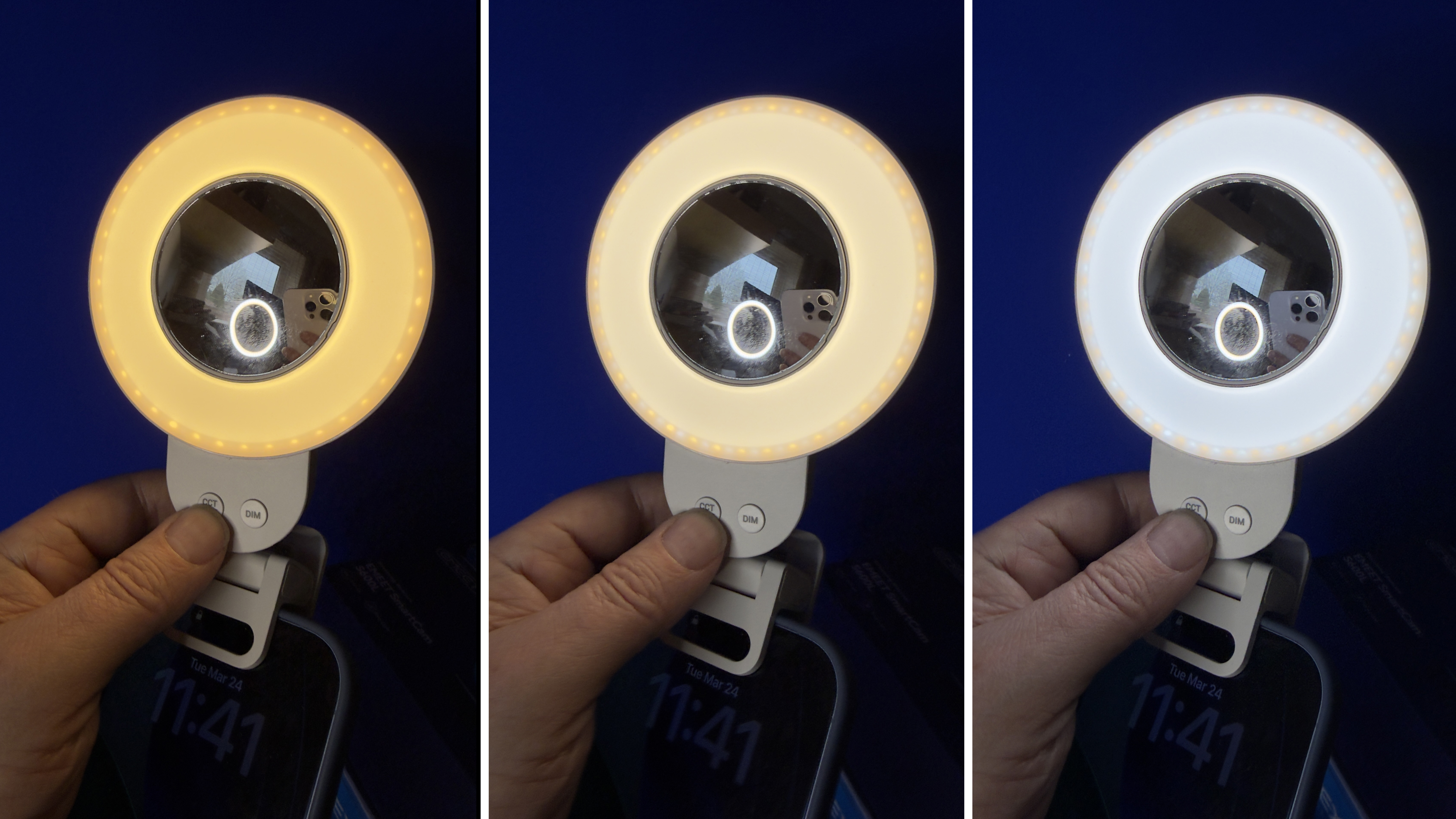 Three side-by-side shots showing a finger pressing the CCT button on the LR30Bi. This changes the LED&amp;rsquo;s colour temperature from warm orange to cool blue.