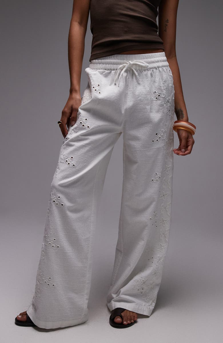 Eyelet Embroidered Wide Leg Cotton & Linen Drawstring Pants