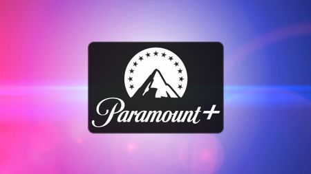 Paramount+ logo on blue pink background