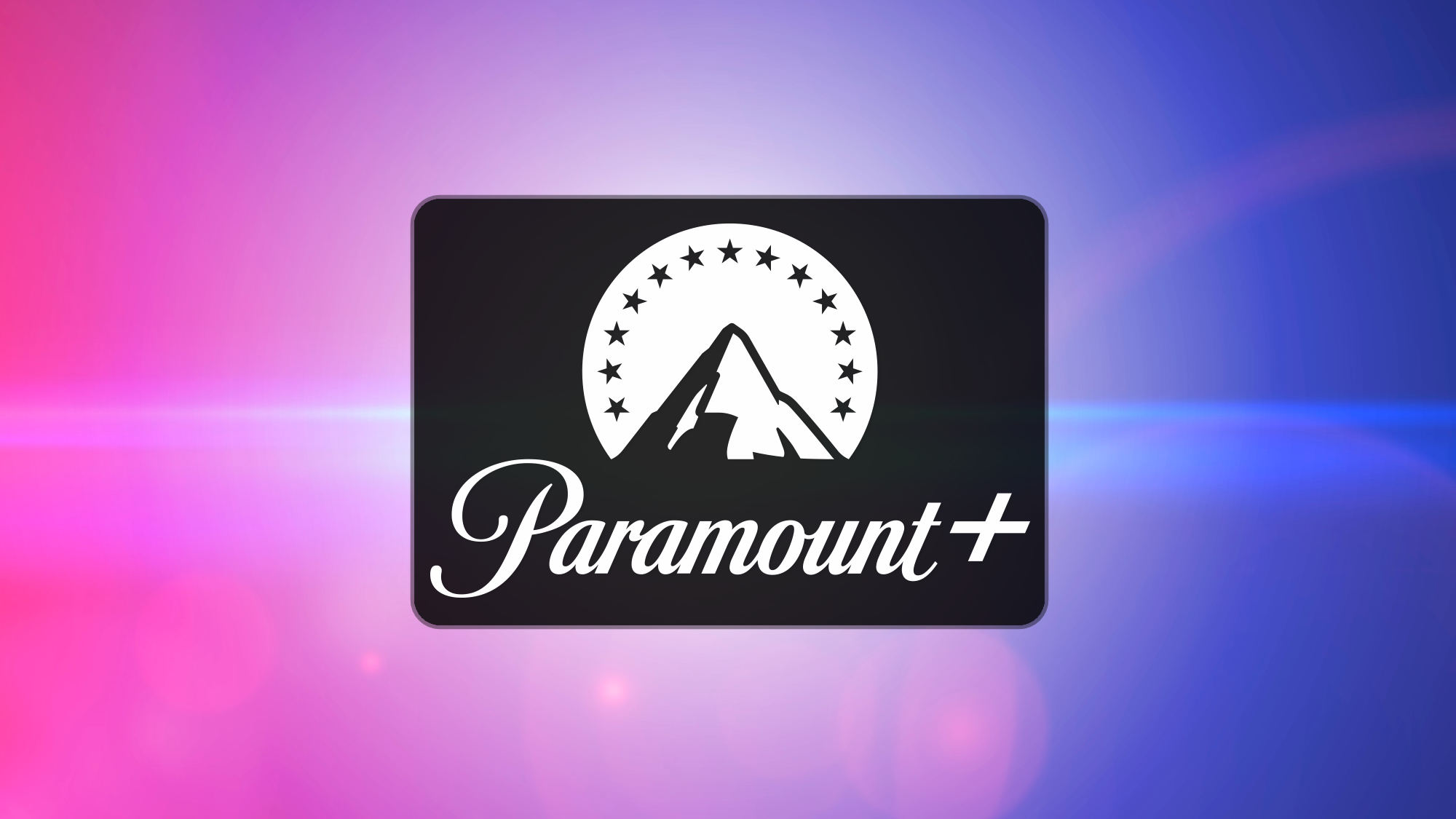 Paramount+ logo on blue pink background