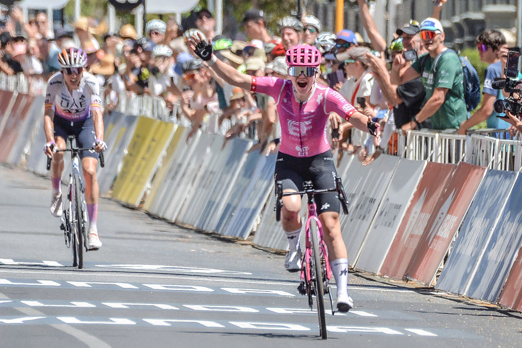 EF Education - Oatly rider Noemi Ruegg of Switzerland celebrates winning the final stage three of the women's 2026 Tour Down Under cycling race in Adelaide on January 19, 2026. (Photo by Brenton Edwards / AFP) / -- IMAGE RESTRICTED TO EDITORIAL USE - STRICTLY NO COMMERCIAL USE --