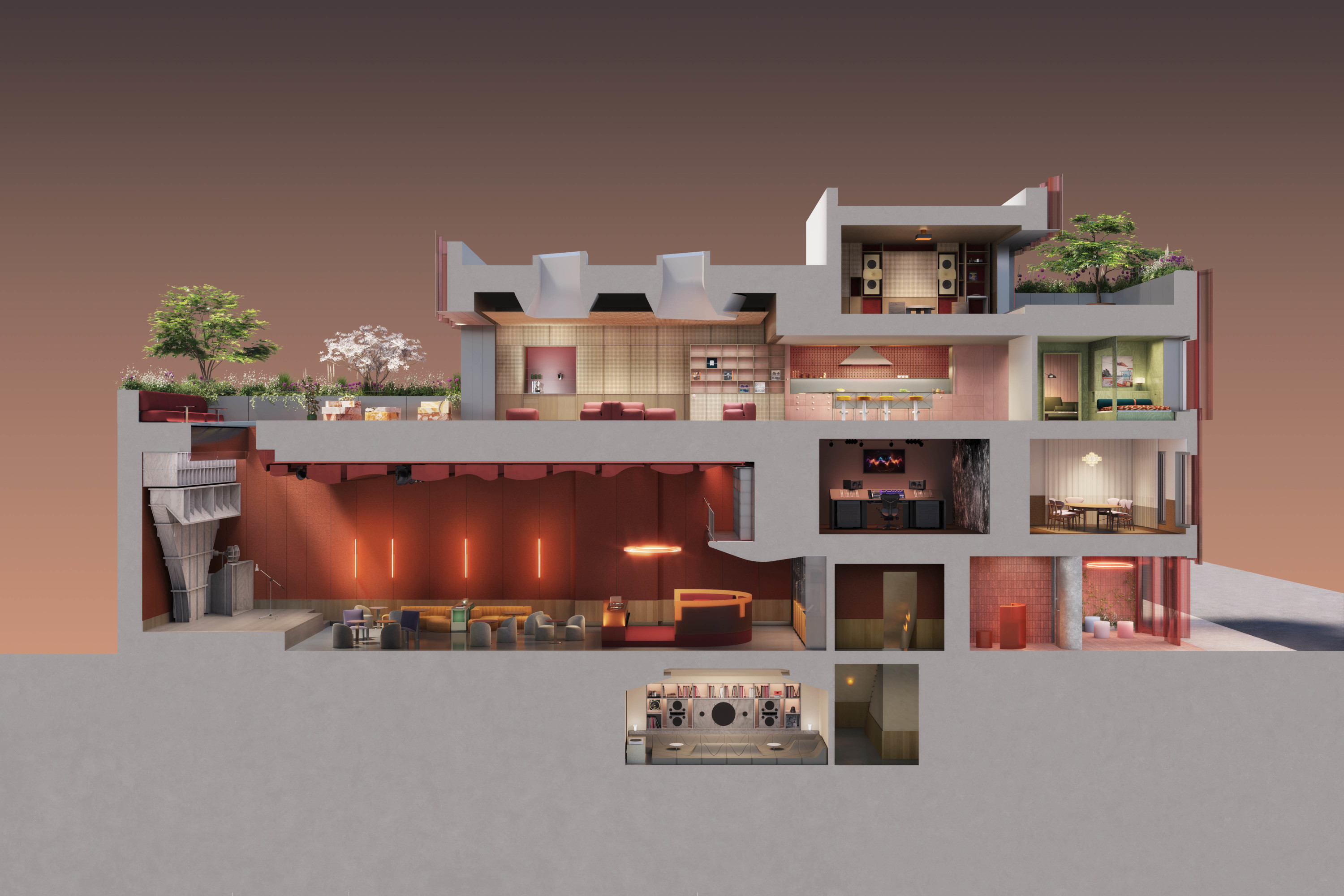 A cross-section through the building, showing the basement Subliminal listening room