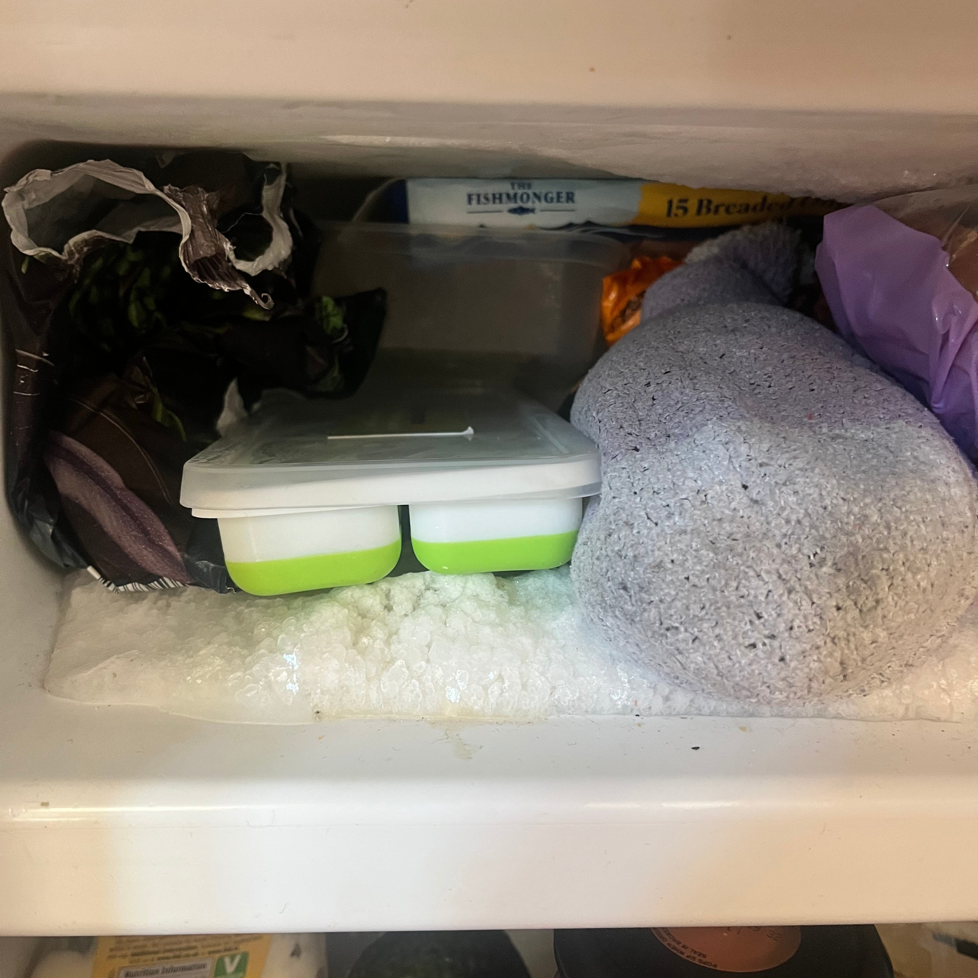 Inside of freezer holding sock and rice