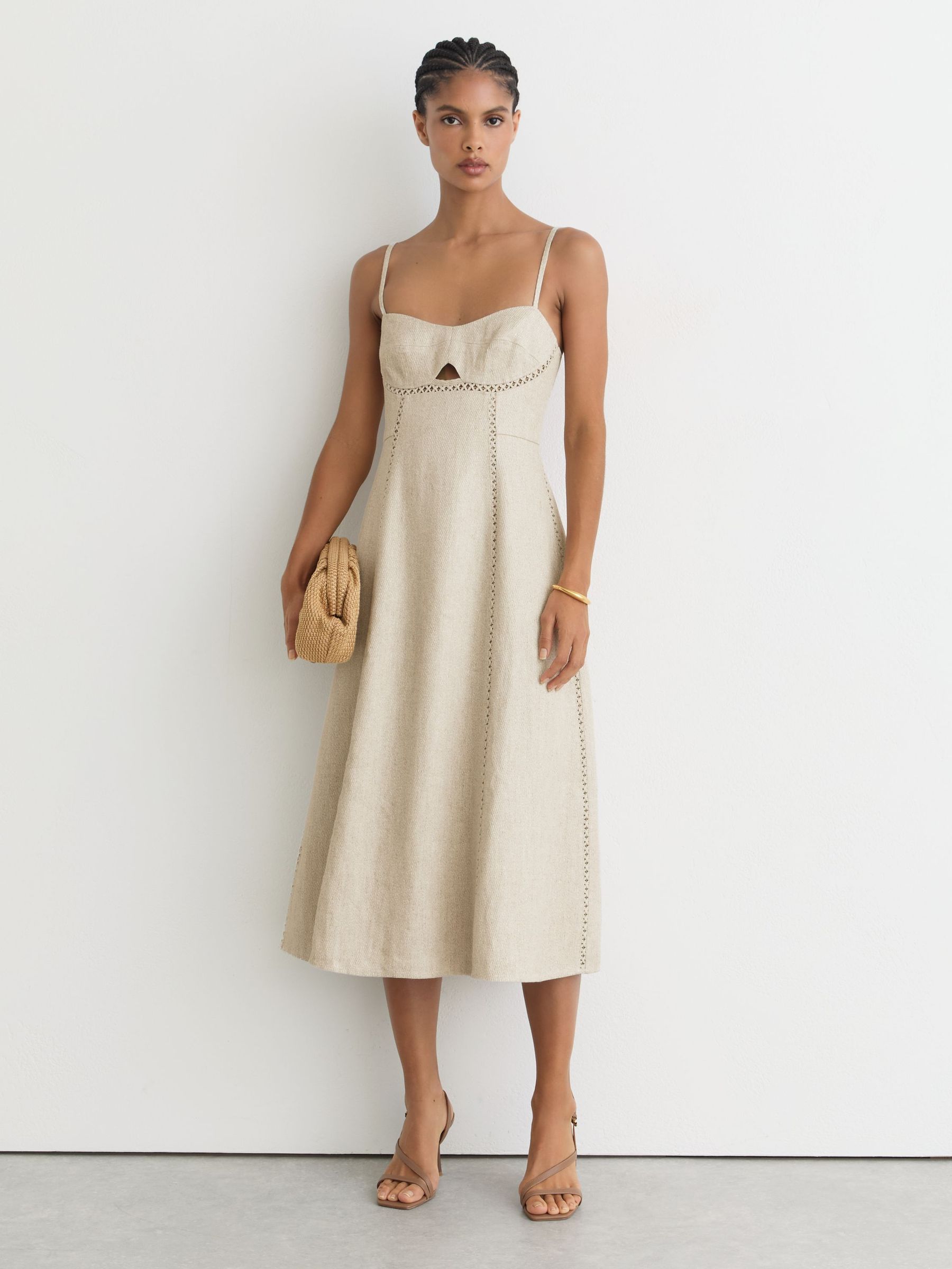 Linen-Blend Fit-And-Flare Midi Dress in Neutral - Size 4