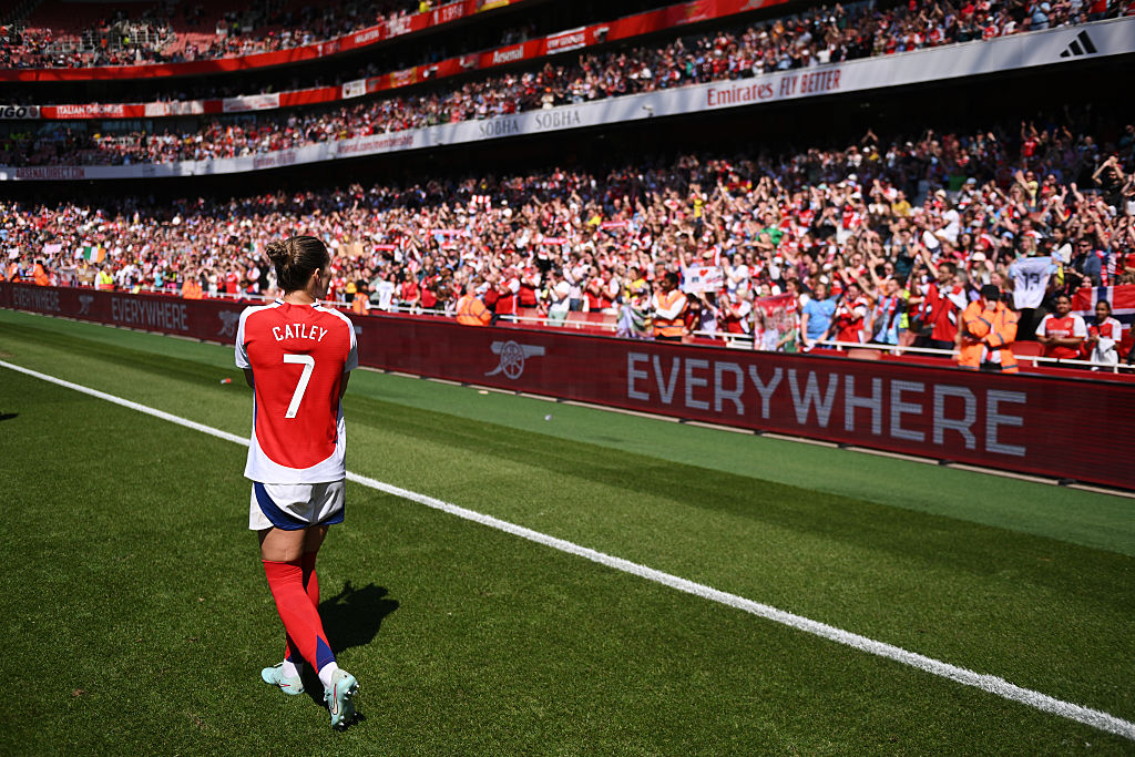 Steph Catley of Arsenal applauds fans after the Barclays Women&#039;s Super League match between Arsenal FC and Manchester United FC at Emirates Stadium on May 10, 2025 in London, England.