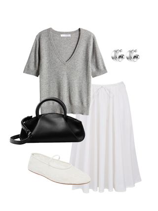 collage of gray sweater, white skirt, white mesh flats, and black leather bag