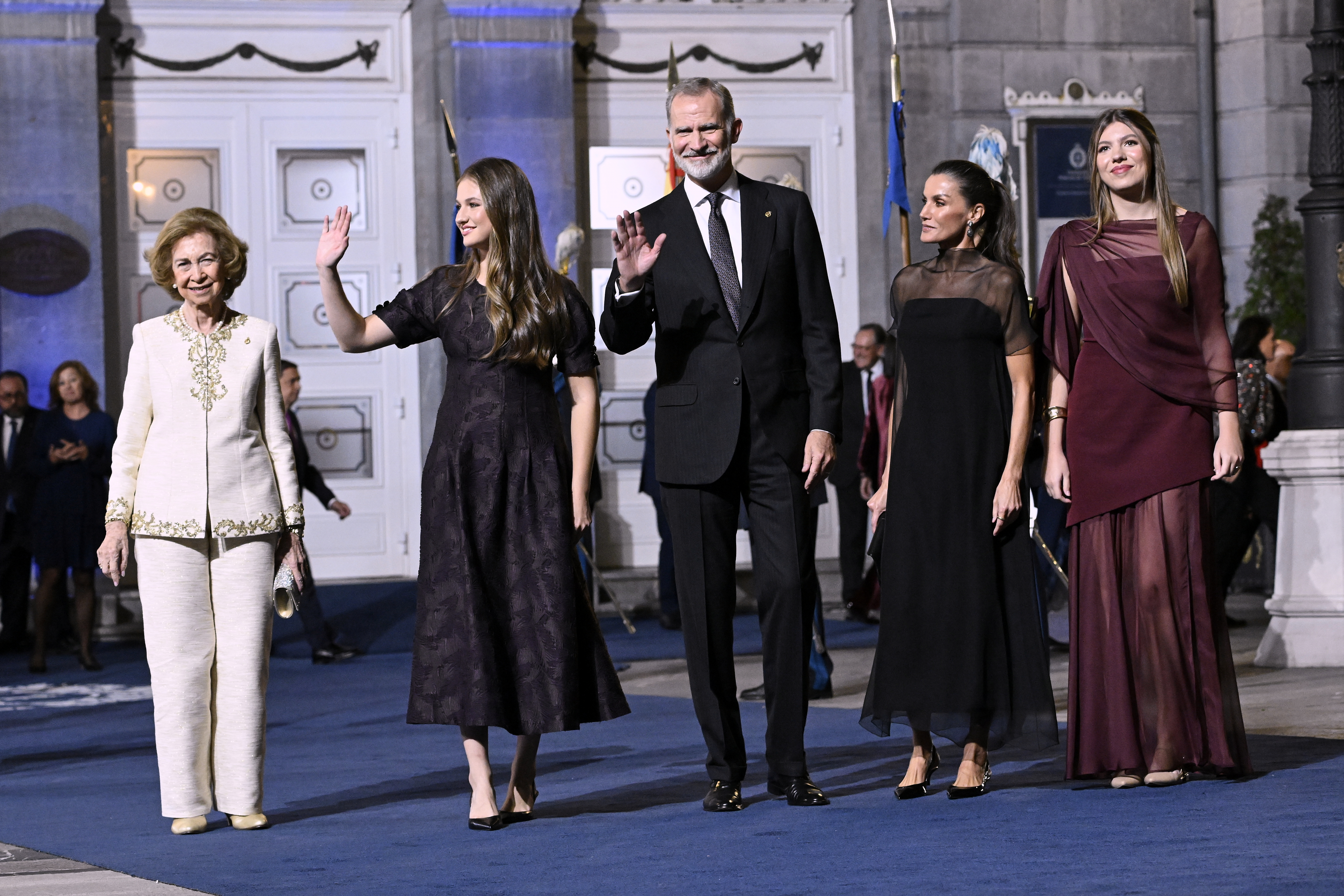 Queen Sofia, Crown Princess Leonor of Spain, King Felipe VI of Spain, Queen Letizia of Spain and Princess Sofia of Spain walking the red carpet at the Princess of Asturias Awards