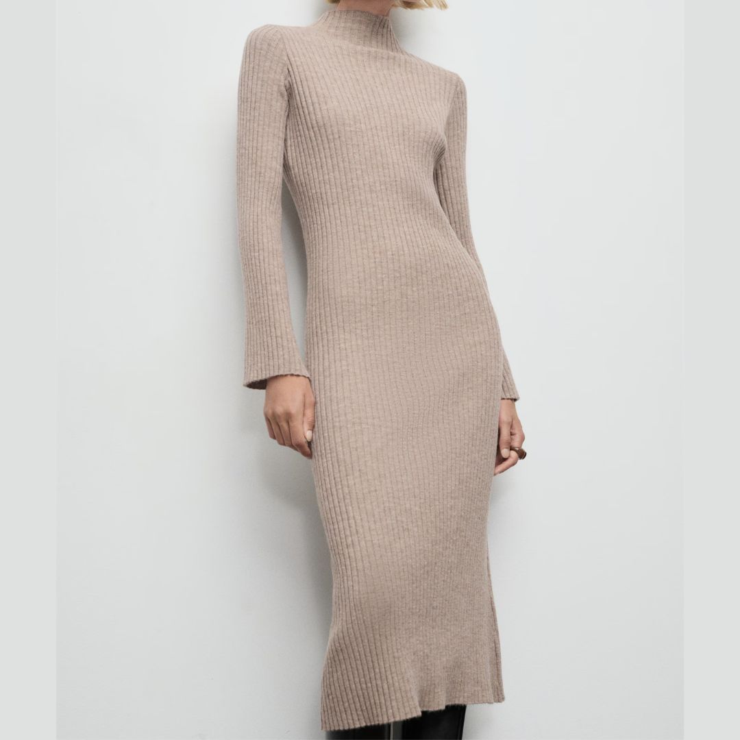 Mango Perkins-Neck Ribbed Knit Dress
