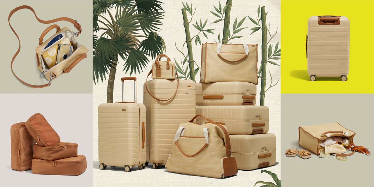 A series of raffia and leather suitcases and travel accessories sit in a collage header image.