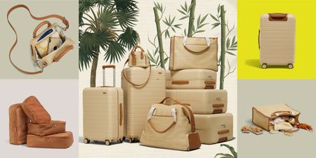 A series of raffia and leather suitcases and travel accessories sit in a collage header image.