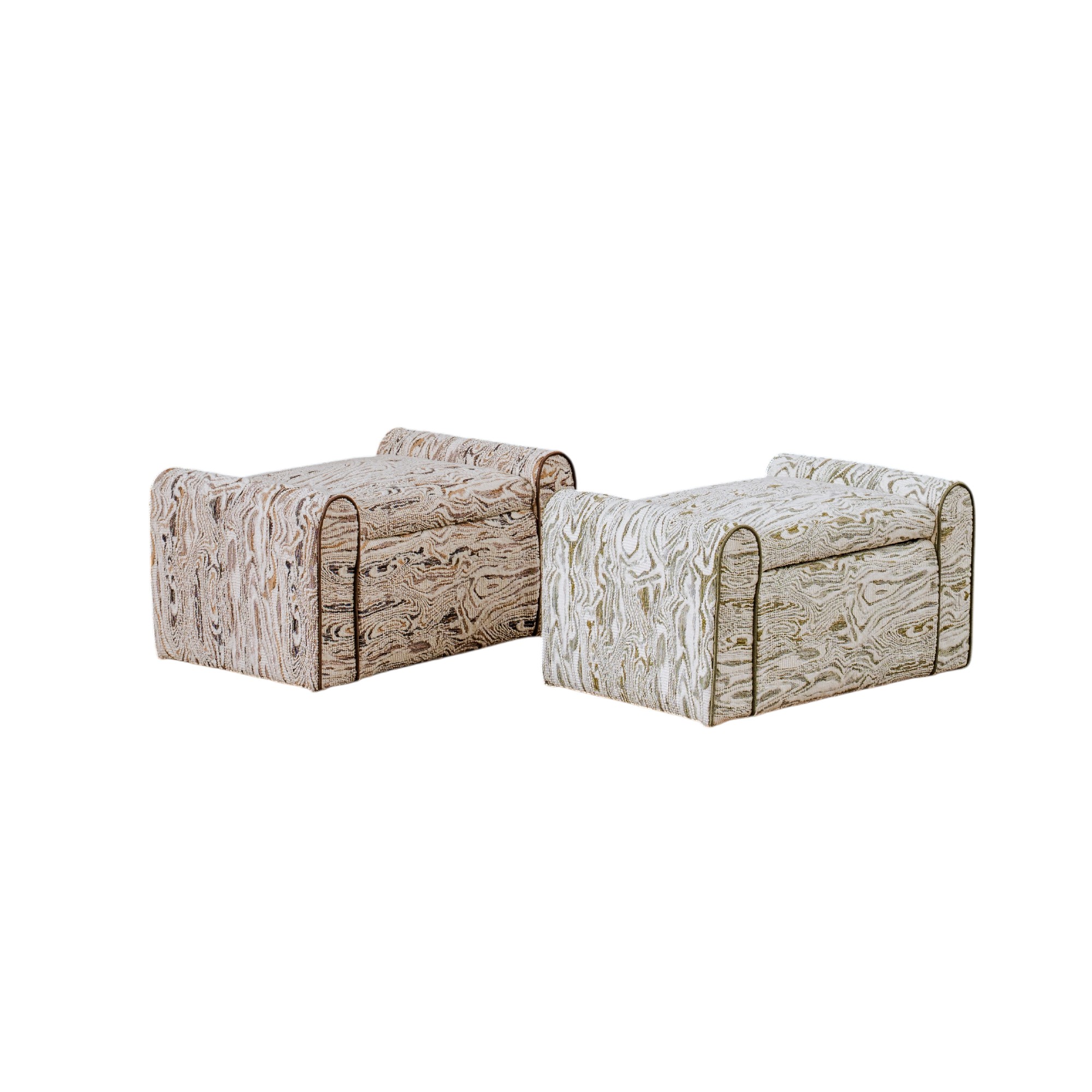 Pouffe Stools reupholstered with fabrics from the Harlequin x Henry Holland range