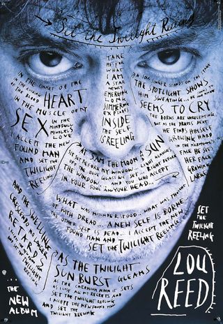 A man's face with words written over his skin