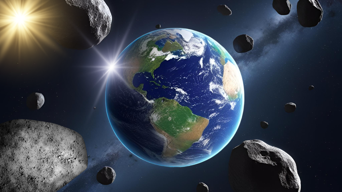 An illustration shows Earth surrounded by asteroids