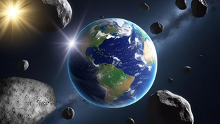 An illustration shows Earth surrounded by asteroids, but which is the alien invader?