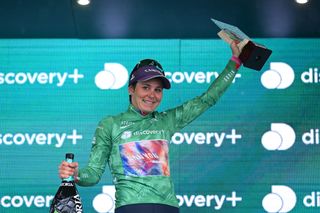 PASSO DEL MANIVA ITALY JULY 07 Elise Chabbey of Switzerland and Team CanyonSram Racing celebrates winning the green mountain jersey on the podium ceremony after the 33rd Giro dItalia Donne 2022 Stage 7 a 1129km stage from Prevalle to Passo del Maniva 1743m GiroDonne UCIWWT on July 07 2022 in Passo del Maniva Italy Photo by Dario BelingheriGetty Images
