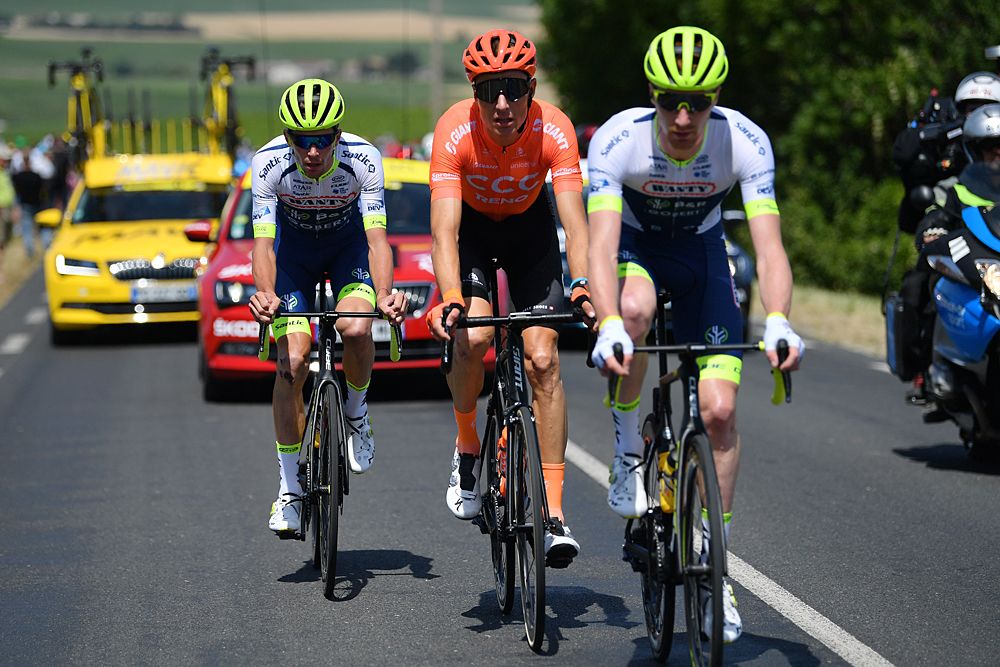 Tour de France stage 4 breakaway: Yoann Offredo of France and Team Wanty-Gobert / Michael Sch&auml;r of Switzerland and CCC Team / Frederik Backaert of Belgium and Team Wanty-Gobert