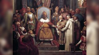 In this painting by Jules Laure, Charlemagne is surrounded by his principal officers as he welcomes Alcuin who shows him manuscripts.