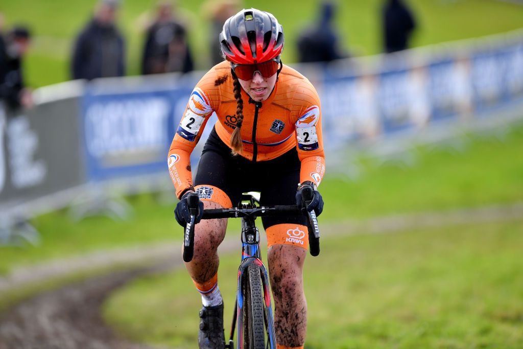 COL DU VAM DRENTHE NETHERLANDS NOVEMBER 07 Shirin Van Anrooij of Netherlands competes fduring the 19th UEC European Cyclocross Championships 2021 Womens U23 EuroCross21 UECcycling on November 07 2021 in Col du Vam Drenthe Netherlands Photo by Luc ClaessenGetty Images