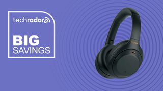 The Sony WH-1000XM4 on a purple background with text saying Big Savings.