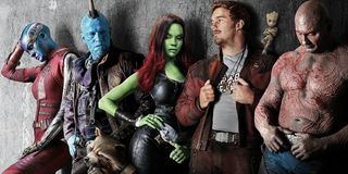 Nebula, Yondu, Gamora, Star-Lord, Groot and Drax lean against a wall dramatically in a promotional i
